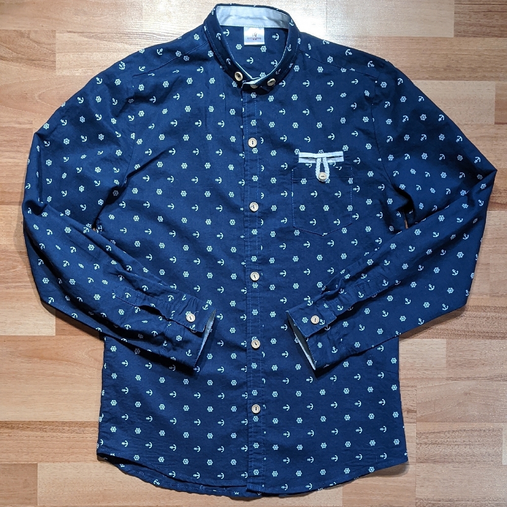 Blue and White Casual Button Down Dress Linen Shirt with Nautical Pattern